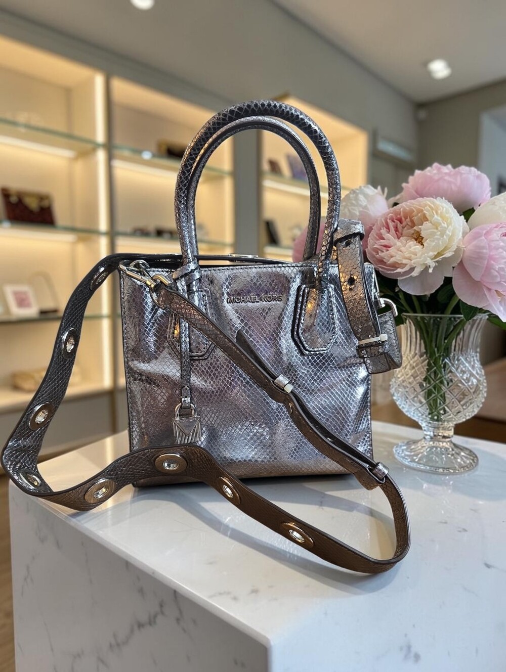 MICHAEL KORS- Mercer Metallic Snake-Embossed-Leather Mini Tote Crossbody